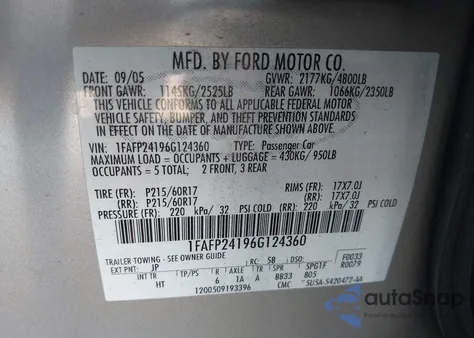 2006 Ford Five Hundred Sel from USA, damaged, VIN 1FAFP24196G124360